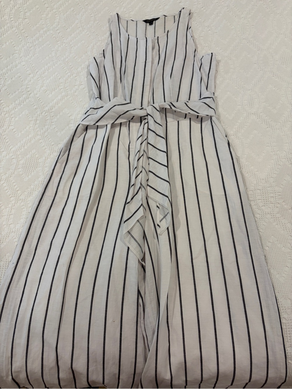 Banana Republic White Jumpsuit with Black Vertical Stripes and Waist Tie